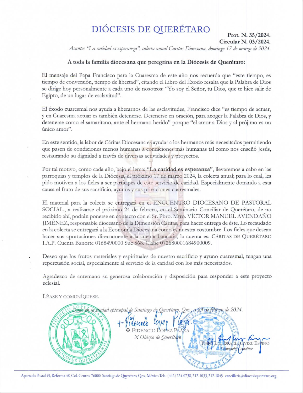 CIRCULAR N. 03/2024 Prot. N. 35/2024. Asunto: 'La caridad es esperanza", colecta anual Caritas Diocesana, domingo 17 de marzo de 2024.